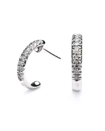 Mini Studded Half Cubic Zirconia White Gold Hoop Earrings with 925 Sterling Silver