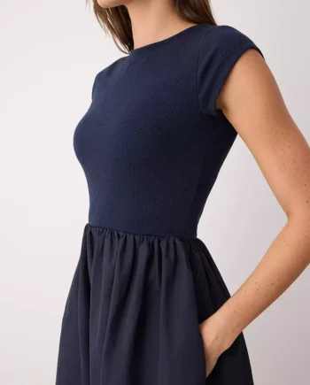 Navy Blue Elastic Ribbed Top And Wide Bottom Terrycotton Contrast Woven Dress