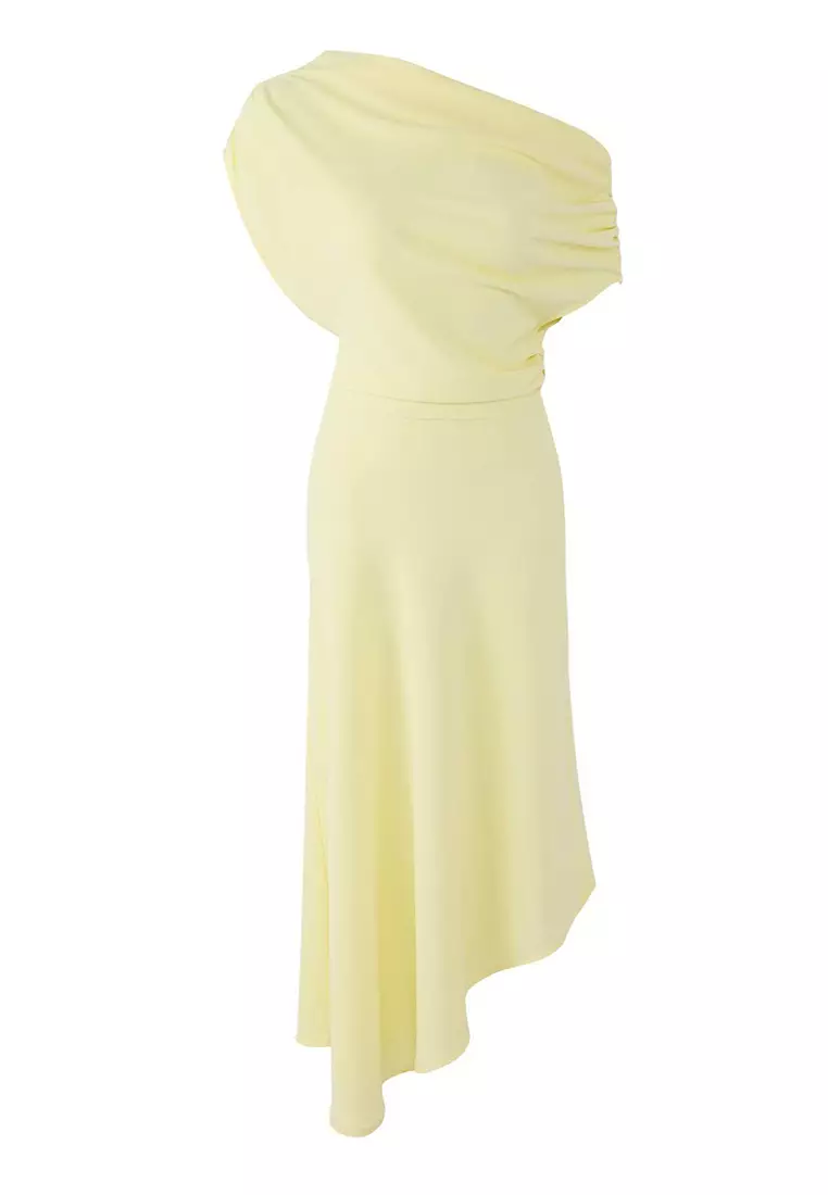Yellow A-Line Boat Neck Woven Midi Chic Dress