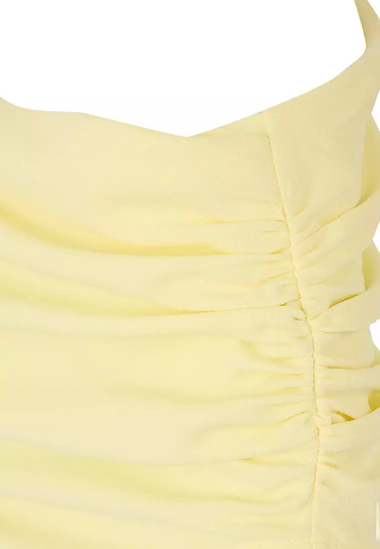 Yellow A-Line Boat Neck Woven Midi Chic Dress
