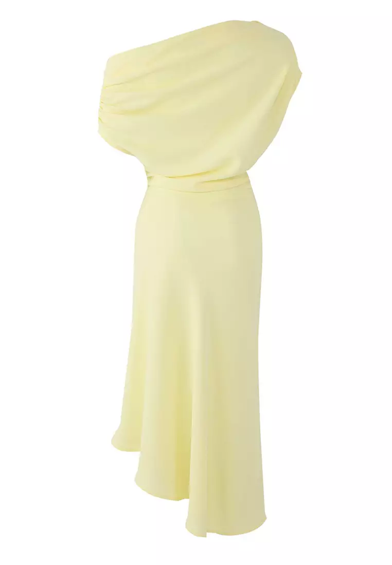 Yellow A-Line Boat Neck Woven Midi Chic Dress
